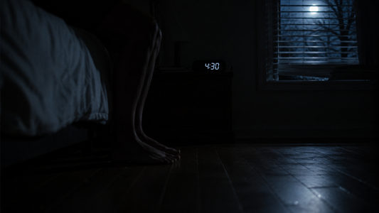 Alarm clock reading 4:30 AM in a dark bedroom before an early morning workout