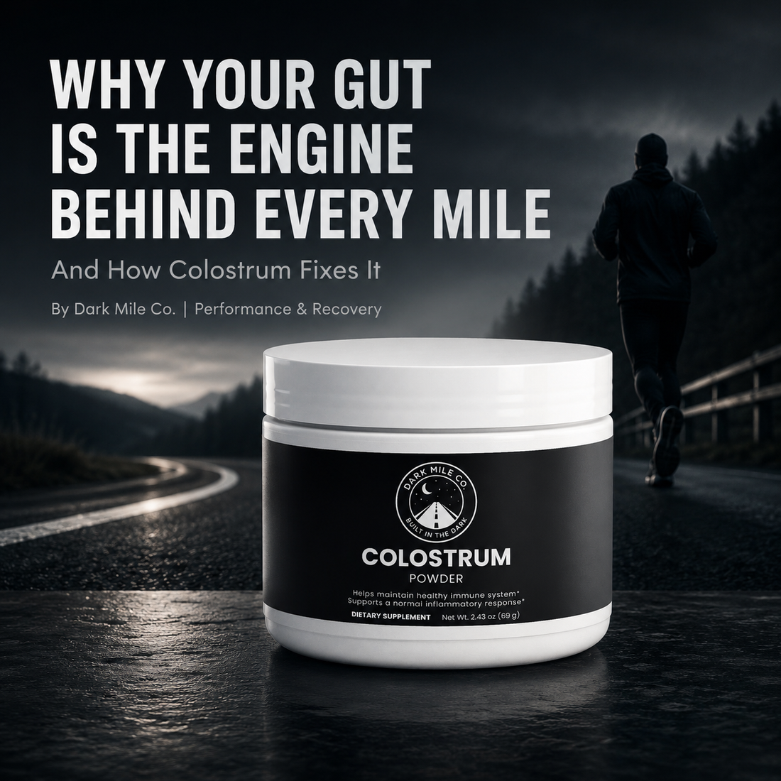 Dark Mile Co. Colostrum Powder jar on a wet pre-dawn road with a lone runner in the background and bold headline text reading, “Why Your Gut Is the Engine Behind Every Mile.”