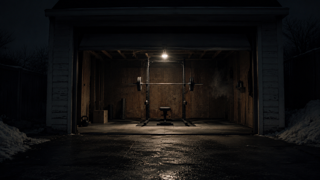 Barbell in a cold garage gym during winter