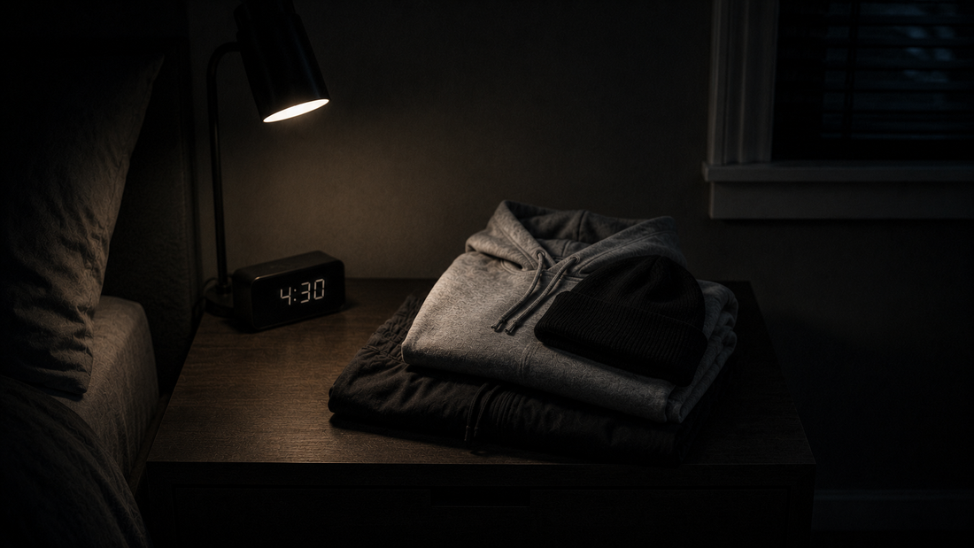 Nightstand with an alarm clock set for an early morning workout