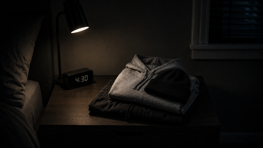 Nightstand with an alarm clock set for an early morning workout