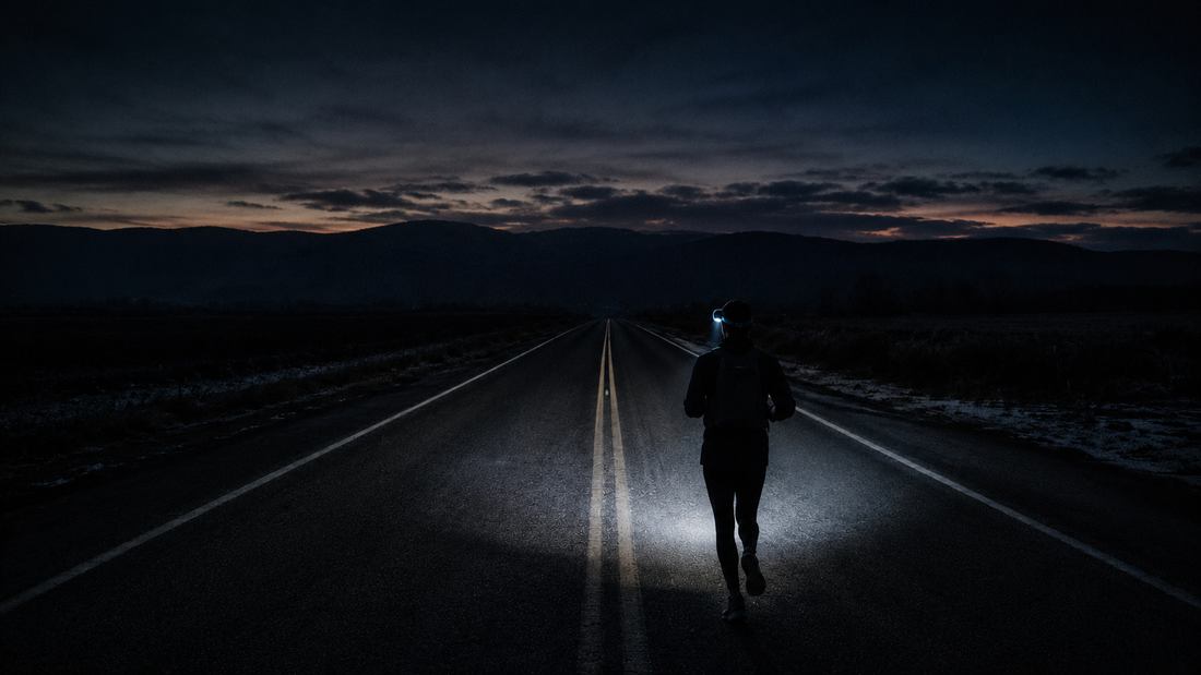 Runner with a headlamp on an empty road before dawn