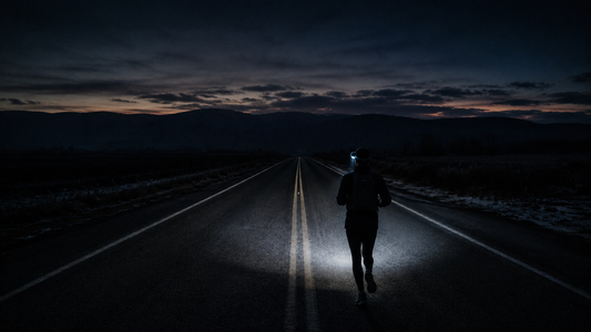 Runner with a headlamp on an empty road before dawn