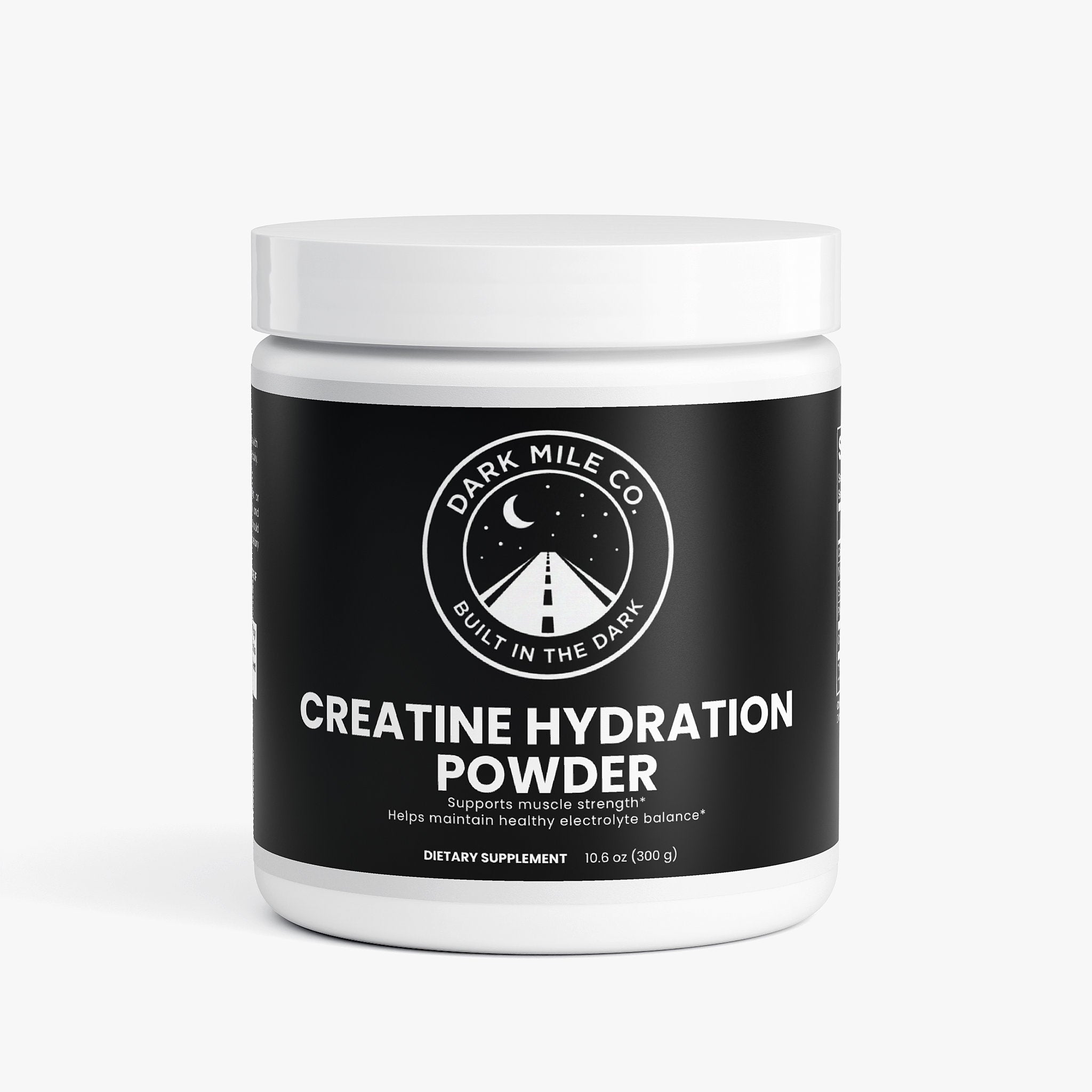 Creatine Hydration Powder container with 'Dark Mile Co' branding on a white background