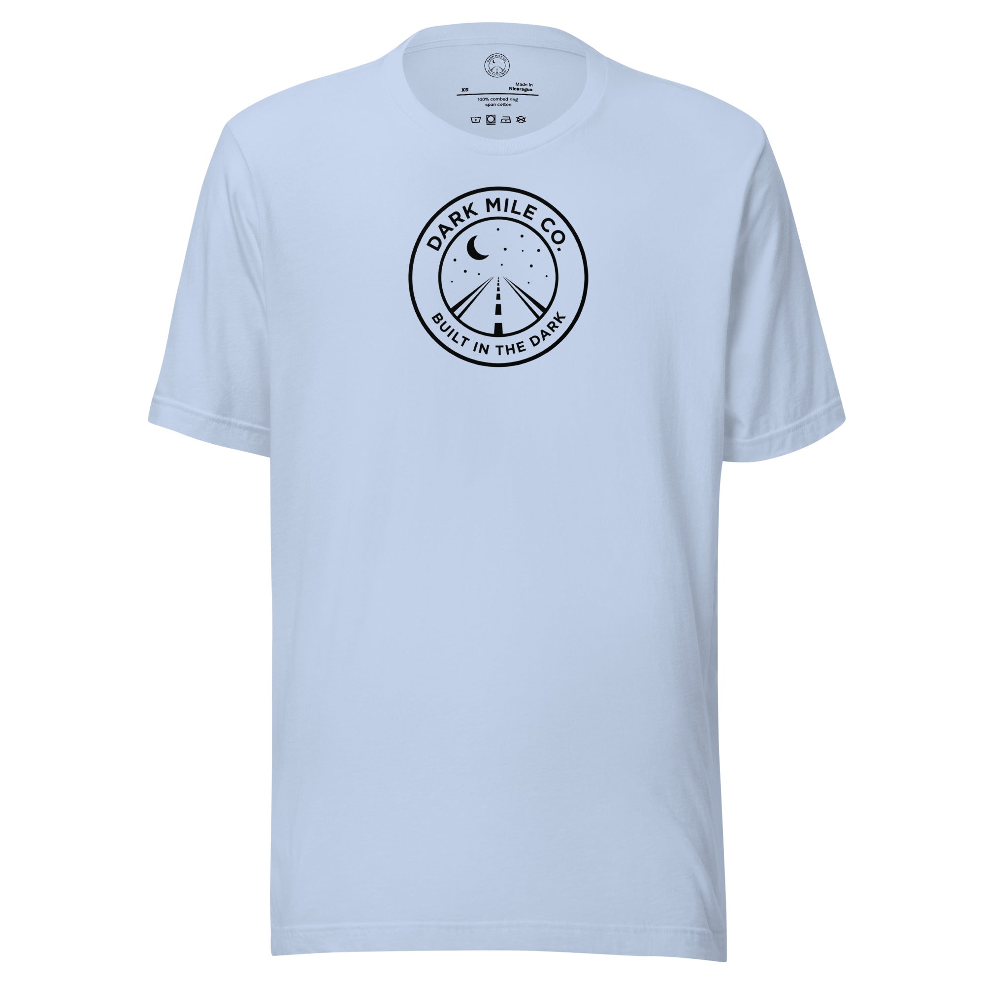 Dark Mile Co. Lifestyle Tee — Built in the Light in Baby Blue, front view