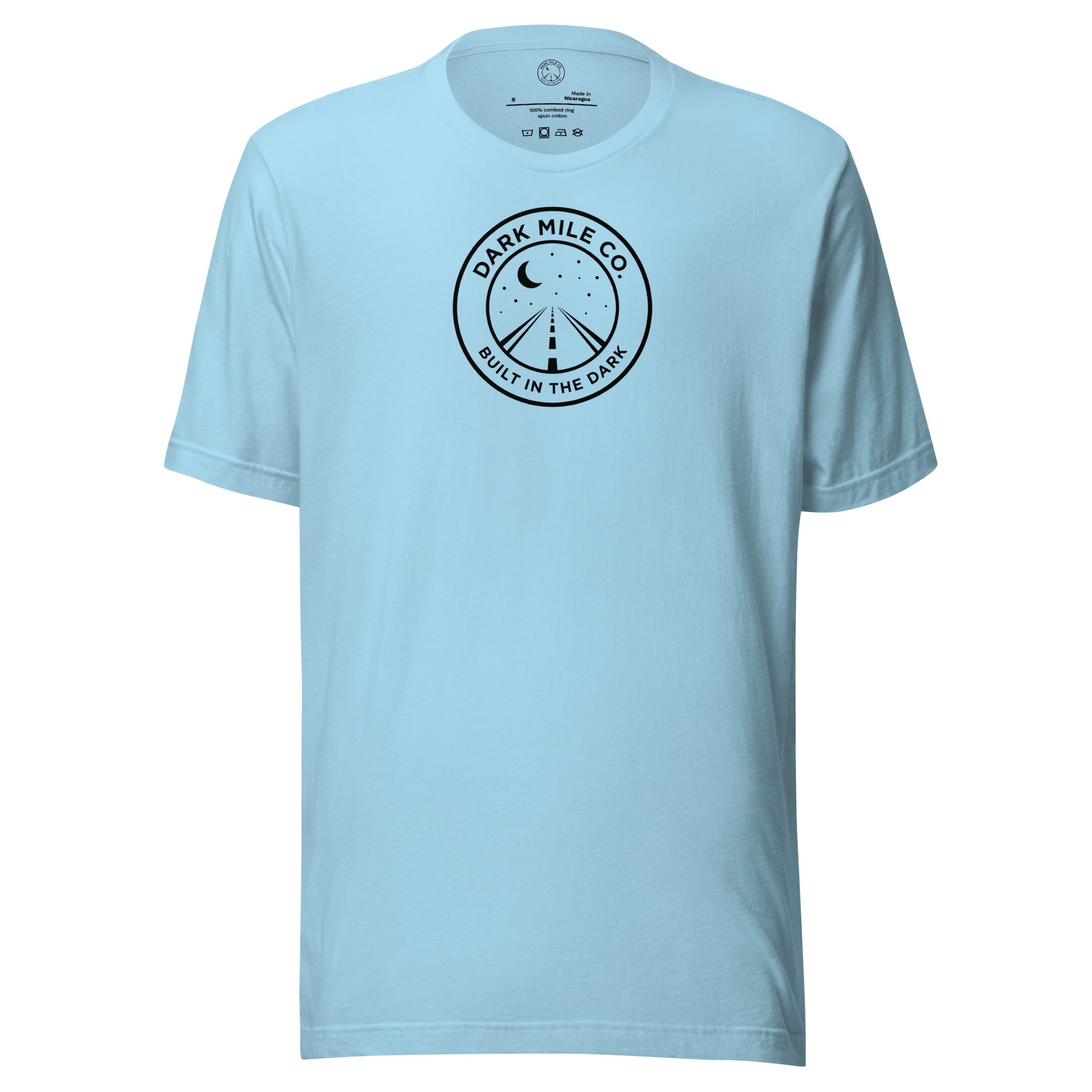 Dark Mile Co. Lifestyle Tee — Built in the Light in Ocean Blue, front view