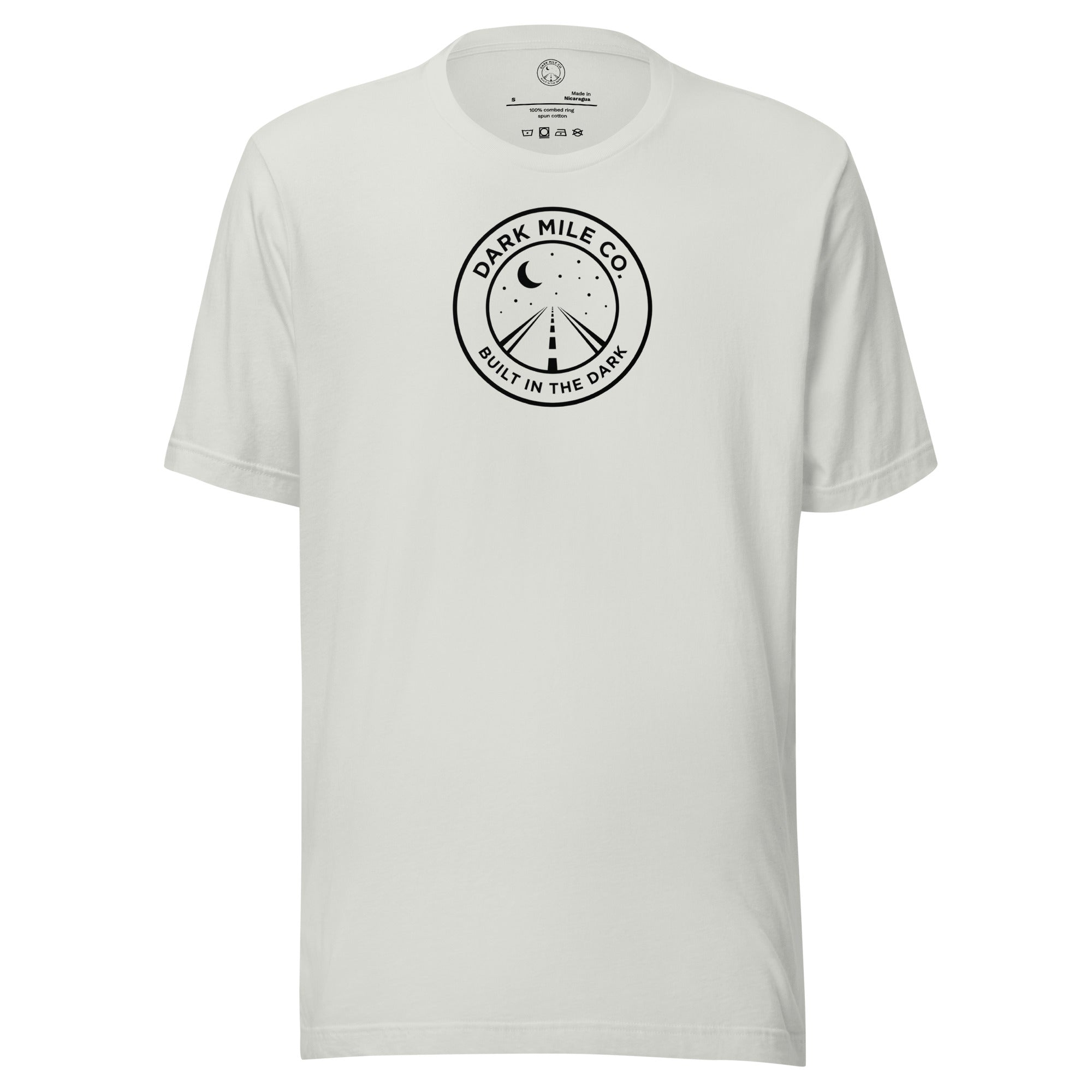 Dark Mile Co. Lifestyle Tee — Built in the Light in Silver, front view