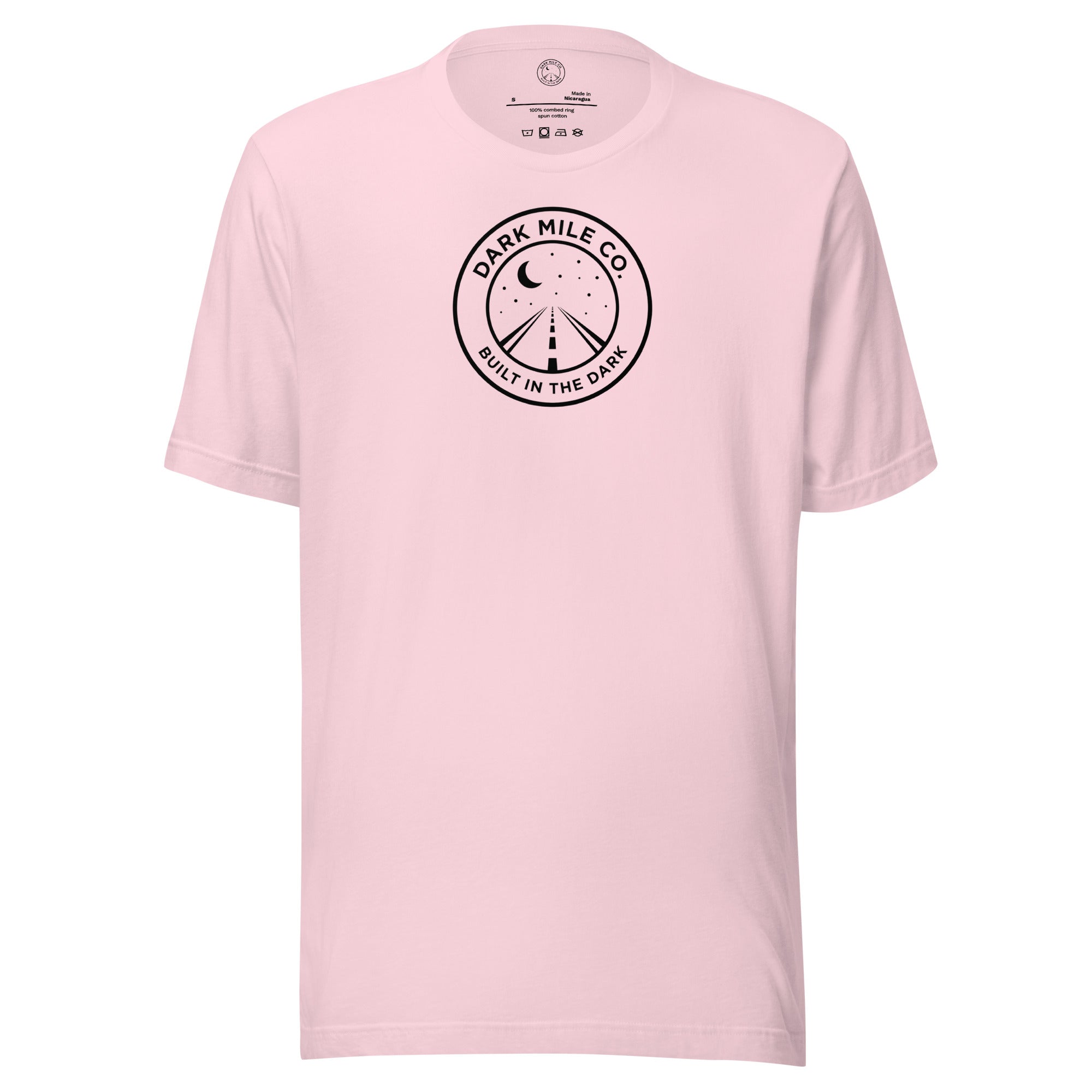 Dark Mile Co. Lifestyle Tee — Built in the Light in Soft Pink, front view