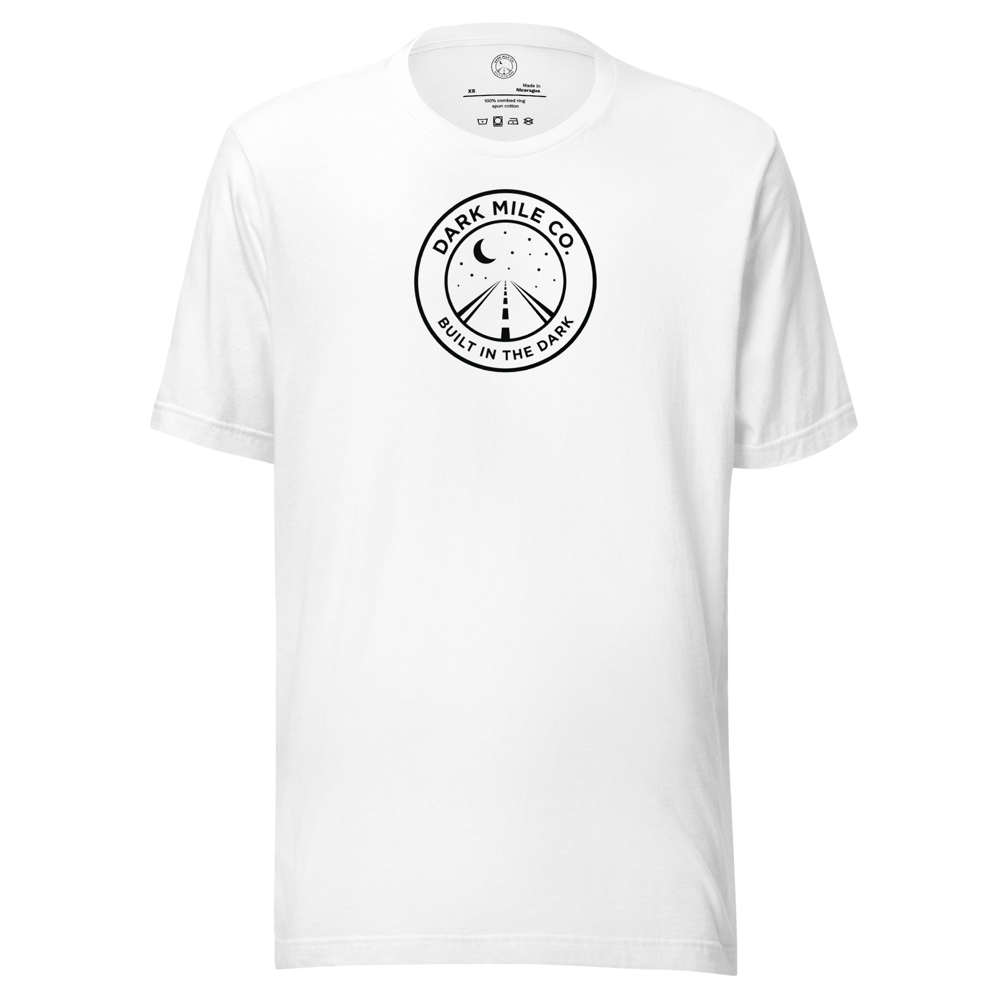 Dark Mile Co. Lifestyle Tee — Built in the Light in White, front view