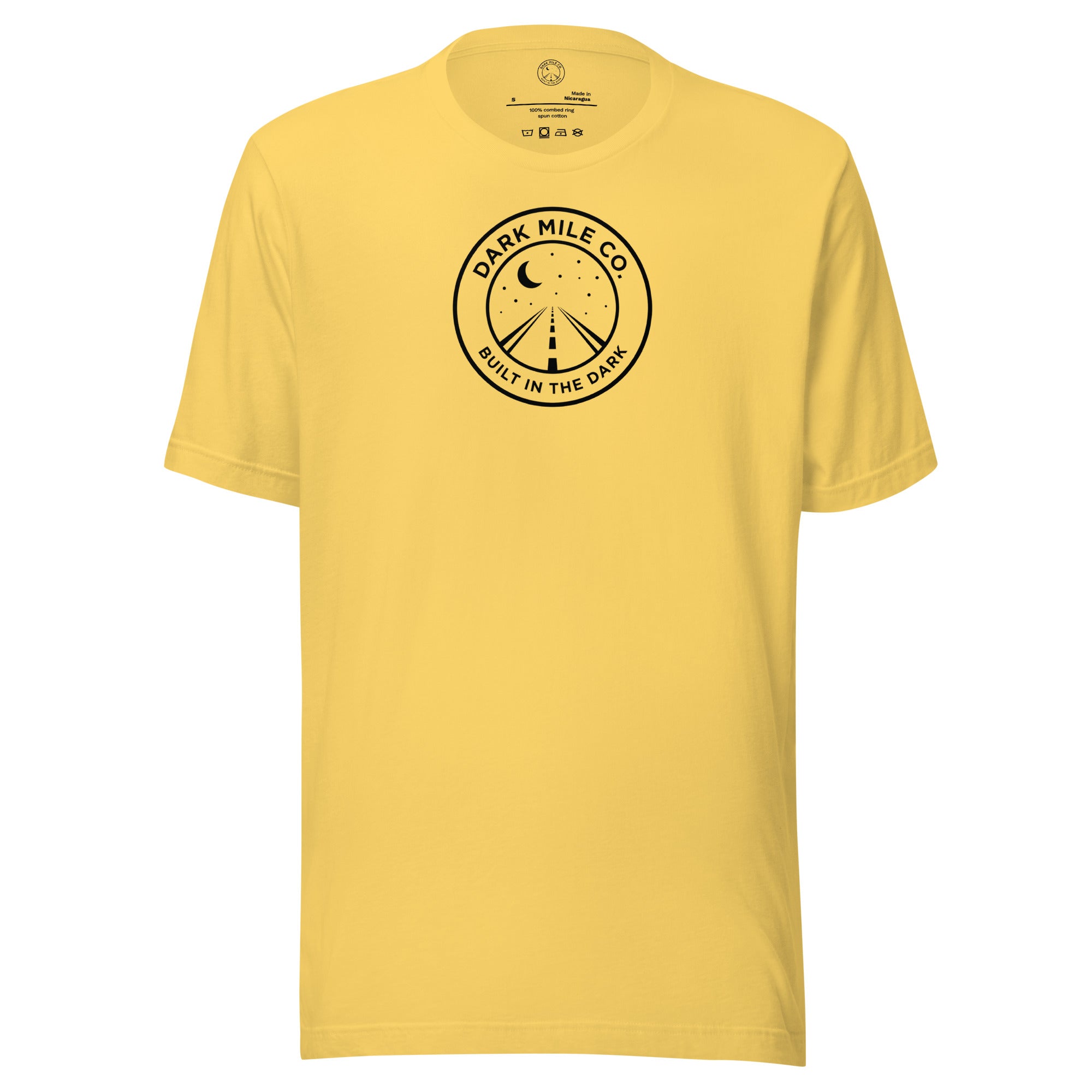 Dark Mile Co. Lifestyle Tee — Built in the Light in Yellow, front view